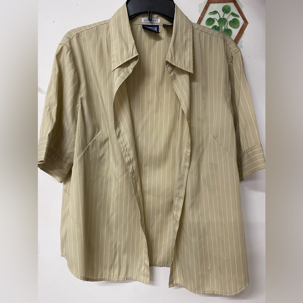 XL tan button down with white stripes.